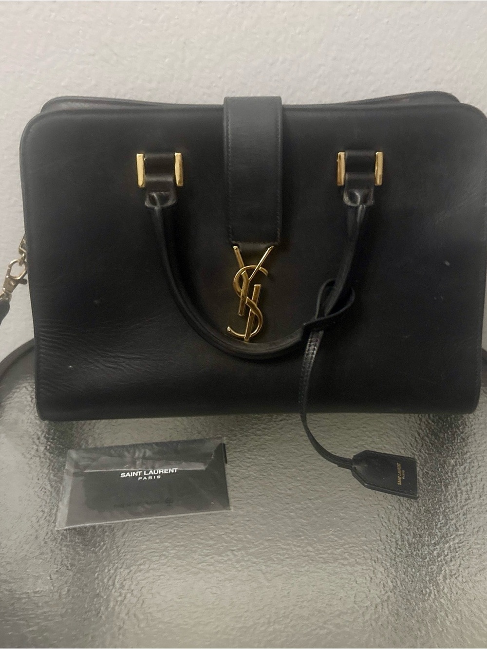 Saint Laurent Black Leather Satchel with Gold YSL Monogram w original dust bag
